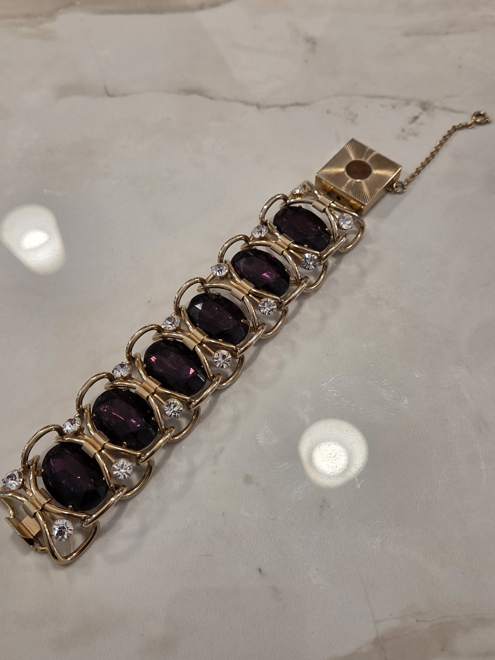 Gold Bracelet with Deep Purple Gemstones and Clear Accents - Picture 7 of 7